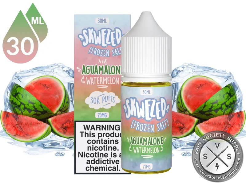 Watermelon Iced by Skwezed Salt 30ml bottle and box with watermelon slices and ice