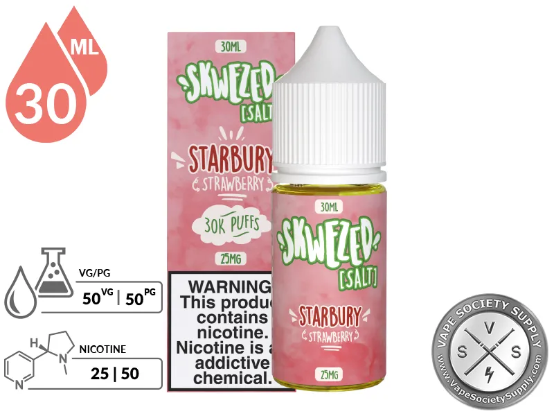 Strawberry by Skwezed Salt 30ml bottle and box with a 50/50 VG/PG icon and nicotine strength icons