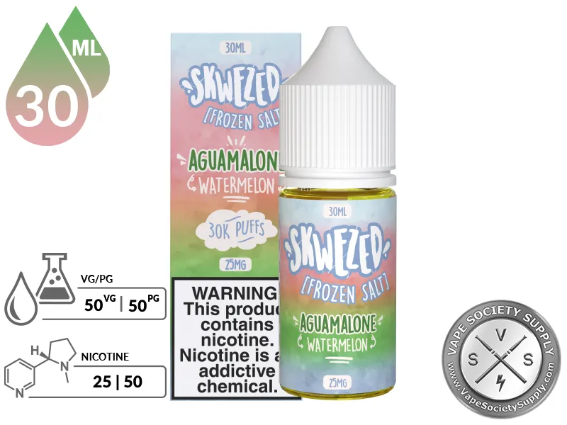 Watermelon Iced by Skwezed Salt 30ml bottle and box with a 50/50 VG/PG icon and nicotine strength icons