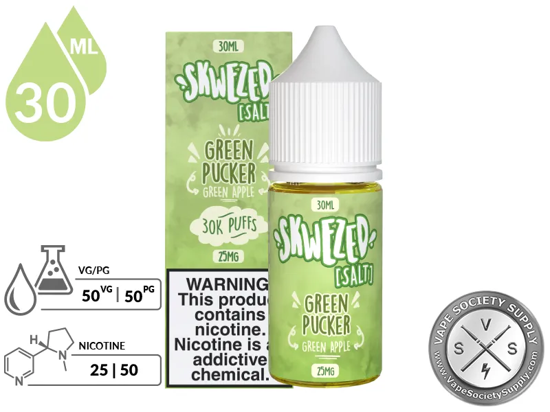 Green Apple by Skwezed Salt 30ml bottle and box with a 50/50 VG/PG icon and nicotine strength icons