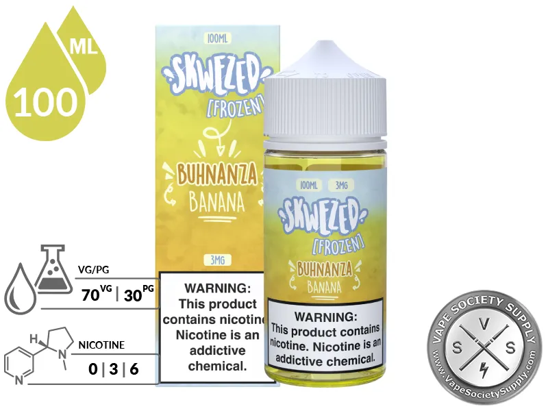 Banana Iced by Skwezed 100ml bottle and box with a 70/30 VG/PG icon and nicotine strength icons