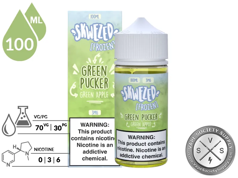 Green Apple Iced by Skwezed 100ml bottle and box with a 70/30 VG/PG icon and nicotine strength icons