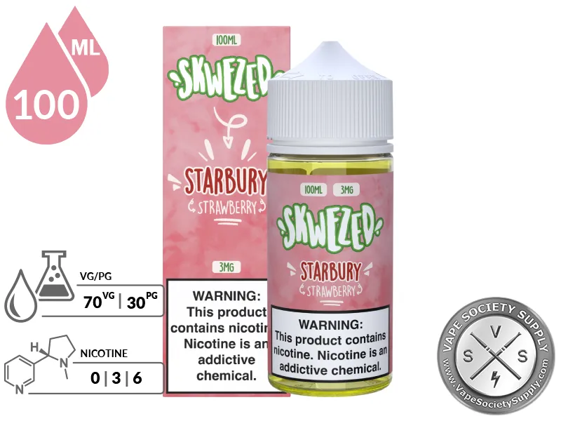Strawberry by Skwezed 100ml bottle and box with a 70/30 VG/PG icon and nicotine strength icons