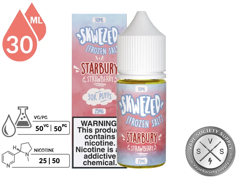 Strawberry Iced by Skwezed Salt 30ml bottle and box with a 50/50 VG/PG icon and nicotine strength icons
