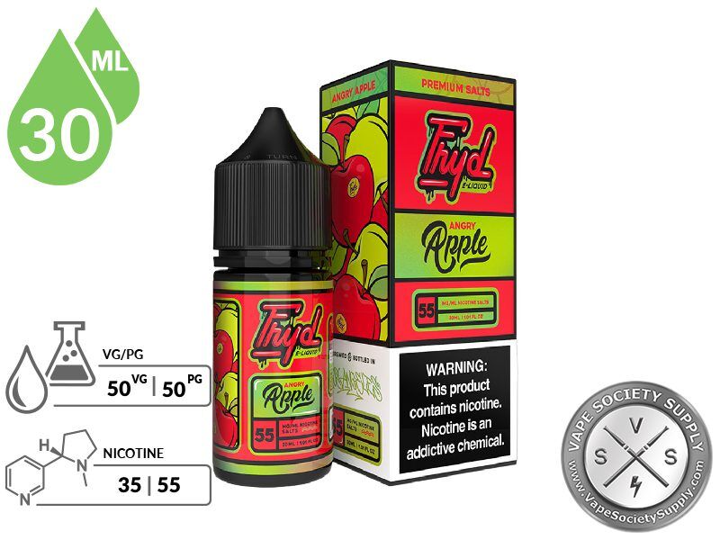 Angry Apple by FRYD Salts 30ml bottle and box with a 50/50 VG/PG icon and nicotine strength icons