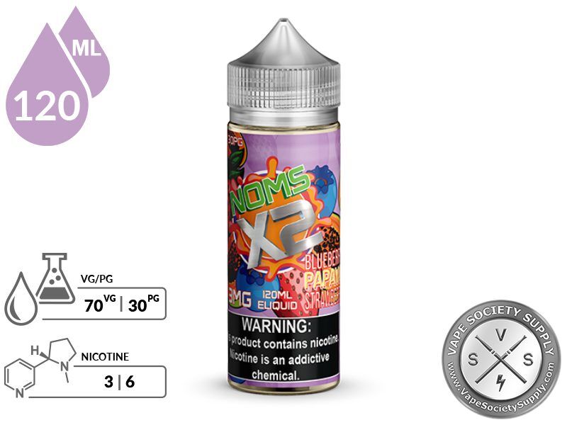 Blueberry Papaya Strawberry by Noms X2 120ml bottle with a 70/30 VG/PG icon and nicotine strength icons