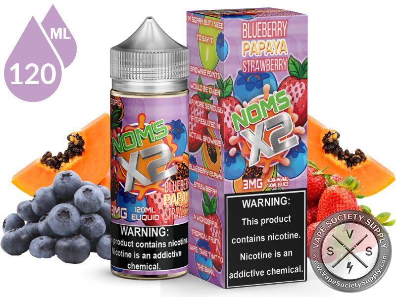 Blueberry Papaya Strawberry by Noms X2 120ml bottle and box with papaya slices, blueberries and strawberries