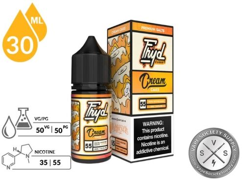 Cream Cake by FRYD Salts 30ml bottle and box with a 50/50 VG/PG icon and nicotine strength icons