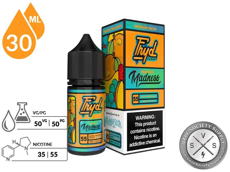 Mango Madness by FRYD Salts 30ml bottle and box with a 50/50 VG/PG icon and nicotine strength icons