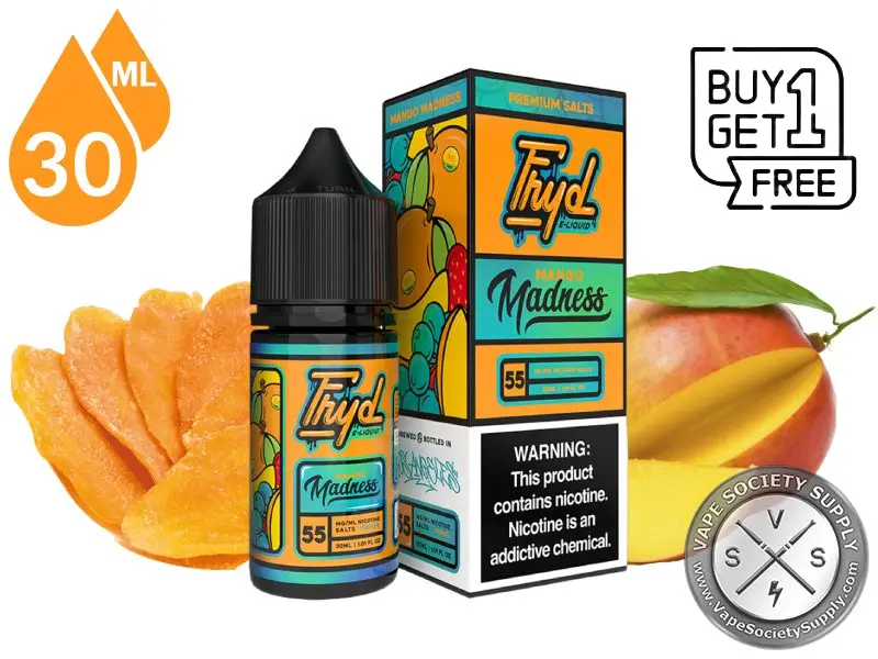 Mango Madness by FRYD Salts 30ml bottle and box with mango slices and a mango