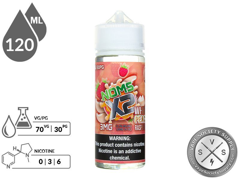 White Peach Raspberry by Noms X2 120ml bottle with a 70/30 VG/PG icon and nicotine strength icons