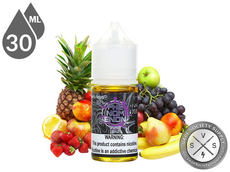 Phenomenon by Nomenon Salt 30ml bottle with a pineapple, grapes, apples, strawberries and bananas