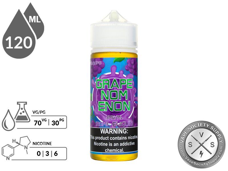 Grapenomenon by Nomenon 120ml bottle with a 70/30 VG/PG icon and nicotine strength icons