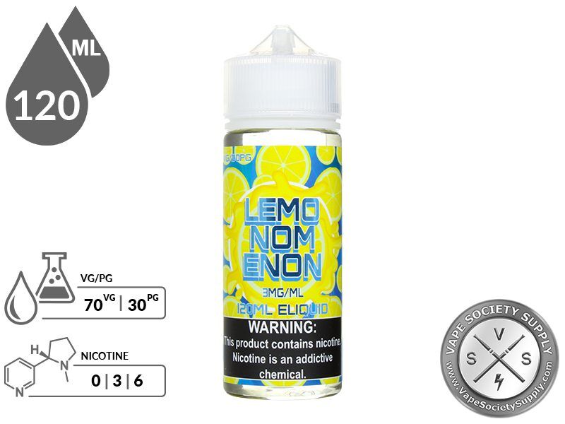 Lemonomenon by Nomenon 120ml bottle with a 70/30 VG/PG icon and nicotine strength icons