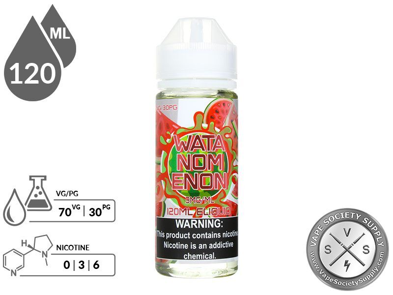 Watanomenon by Nomenon 120ml bottle with a 70/30 VG/PG icon and nicotine strength icons
