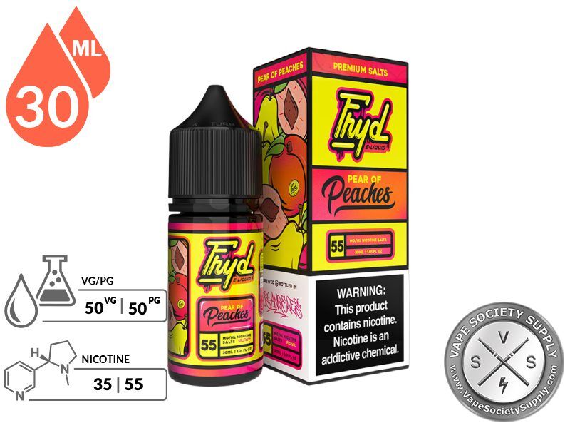 Pear of Peaches by FRYD Salts 30ml bottle and box with a 50/50 VG/PG icon and nicotine strength icons
