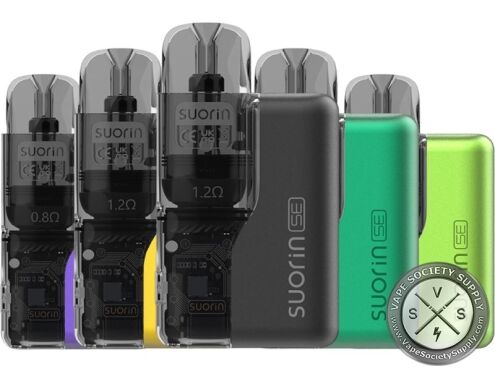 Suorin SE pod kits in several colors with clear 0.8Ω and 1.2Ω cartridges