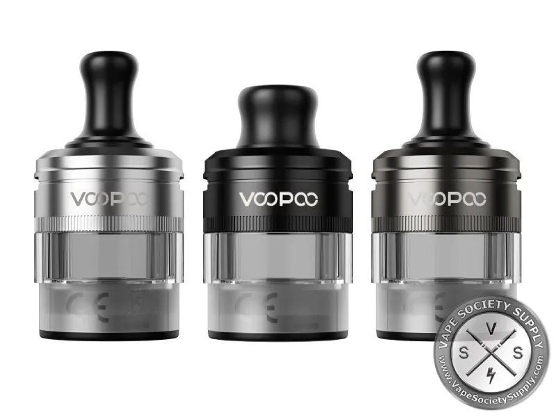 Three Voopoo PnP X pods in silver, black and gray