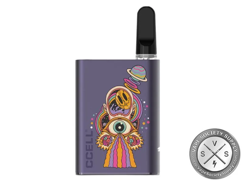 Dark blue CCELL Palm Pro 510 battery with a colorful eye and planet art print and a black cartridge