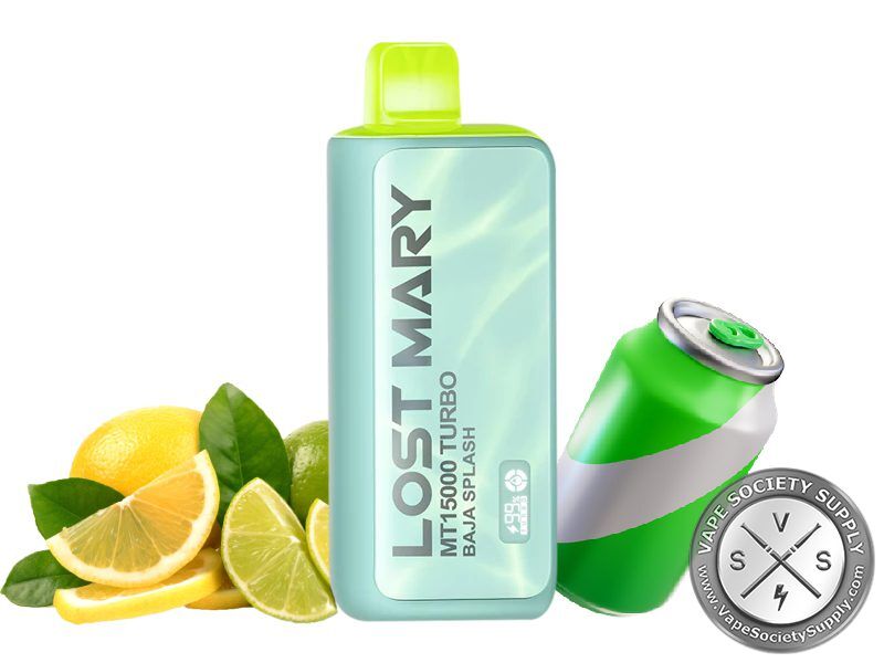 Lost Mary MT15000 Turbo Baja Splash disposable vape in mint green, next to lemons, limes and a green soda can