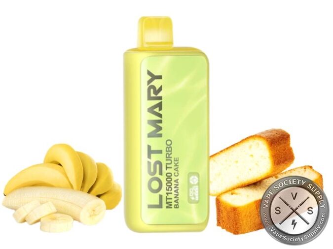 Lost Mary MT15000 Turbo Banana Cake disposable vape in yellow, next to bananas and slices of banana cake