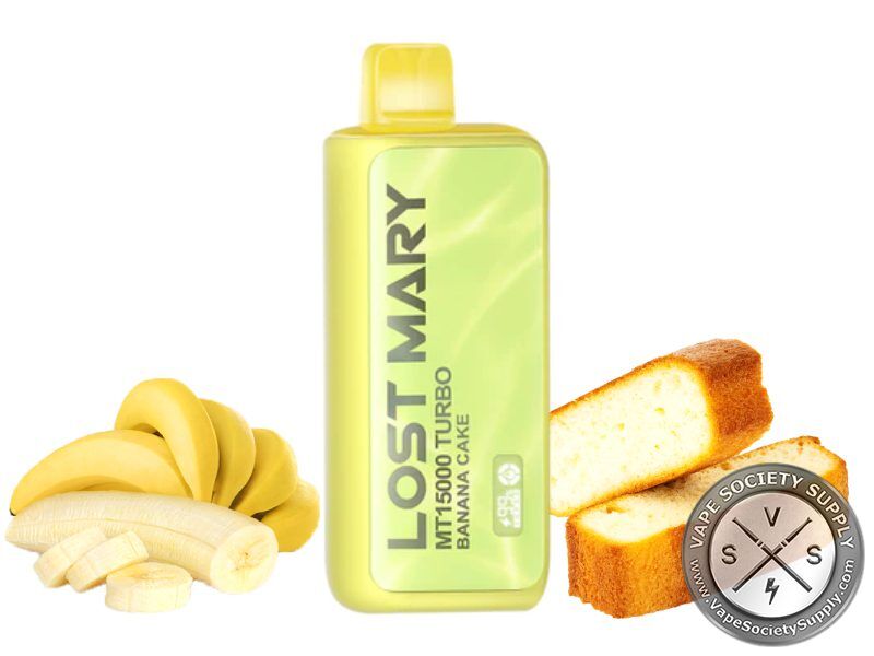 Lost Mary MT15000 Turbo Banana Cake disposable vape in yellow, next to bananas and slices of banana cake