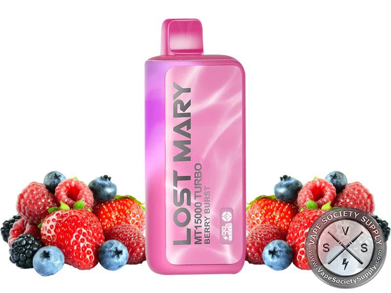 Lost Mary MT15000 Turbo Berry Burst disposable vape in pink and purple, next to strawberries, raspberries, blackberries and blueberries