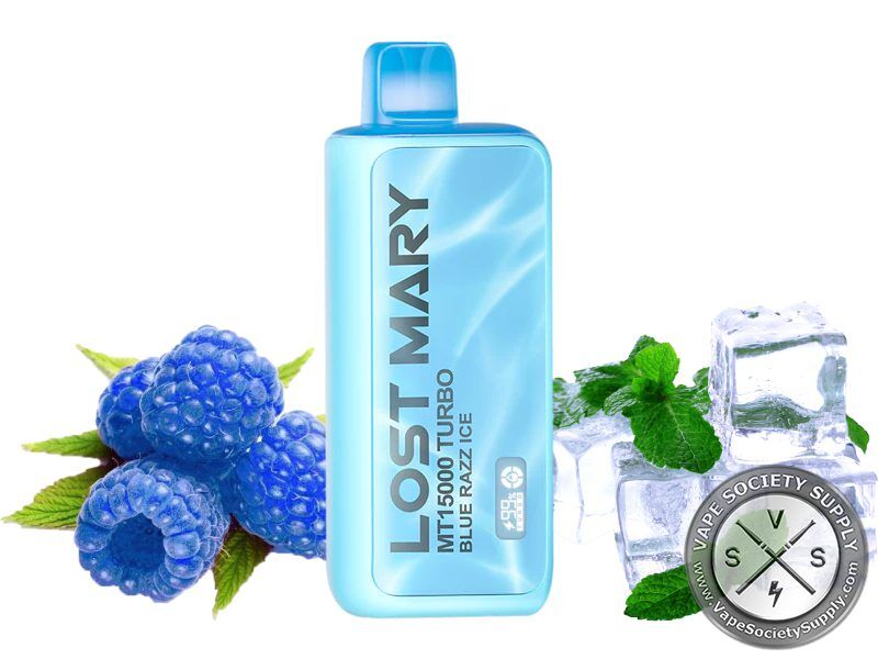 Lost Mary MT15000 Turbo Blue Razz Ice disposable vape in light blue, next to blue raspberries, ice cubes and mint leaves