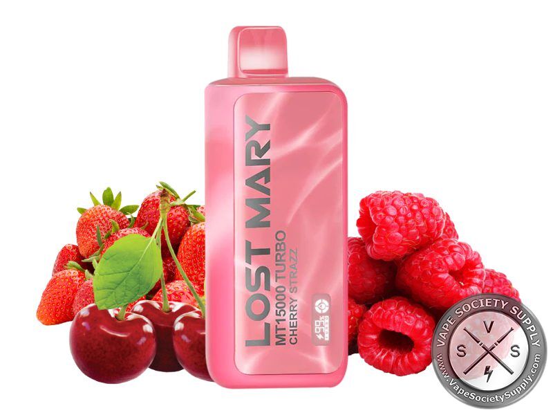 Lost Mary MT15000 Turbo Cherry Strazz disposable vape in pink, next to strawberries, raspberries and cherries