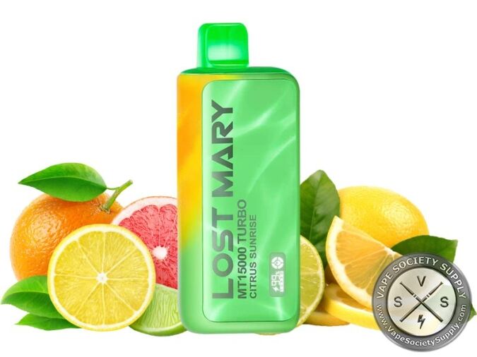Lost Mary MT15000 Turbo Citrus Sunrise disposable vape in green, next to orange, grapefruit, lemon and lime slices