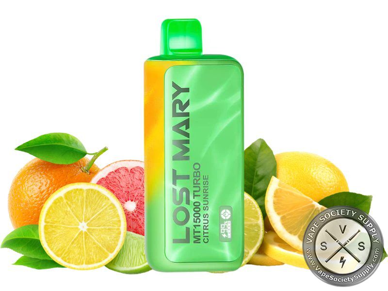 Lost Mary MT15000 Turbo Citrus Sunrise disposable vape in green, next to orange, grapefruit, lemon and lime slices