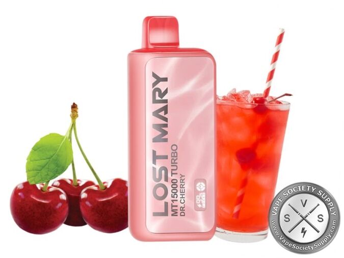 Lost Mary MT15000 Turbo Dr. Cherry disposable vape in coral, next to cherries and a glass of red soda with a straw