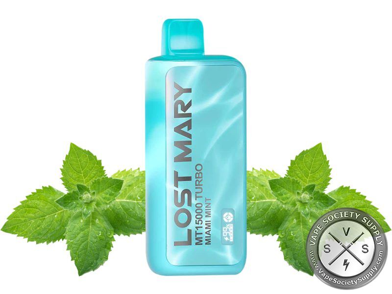 Lost Mary MT15000 Turbo Miami Mint disposable vape in teal, next to mint leaves