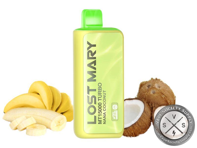 Lost Mary MT15000 Turbo Nana Coconut disposable vape in yellow-green, next to bananas and a coconut