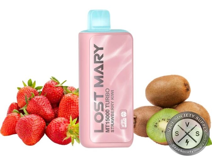 Lost Mary MT15000 Turbo Strawberry Kiwi disposable vape in pink, next to strawberries and kiwis