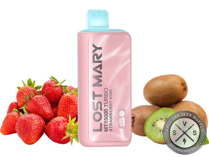 Lost Mary MT15000 Turbo Strawberry Kiwi disposable vape in pink, next to strawberries and kiwis