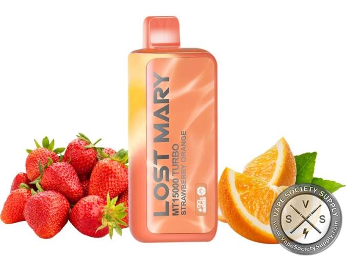 Lost Mary MT15000 Turbo Strawberry Orange disposable vape in orange, next to strawberries and orange slices