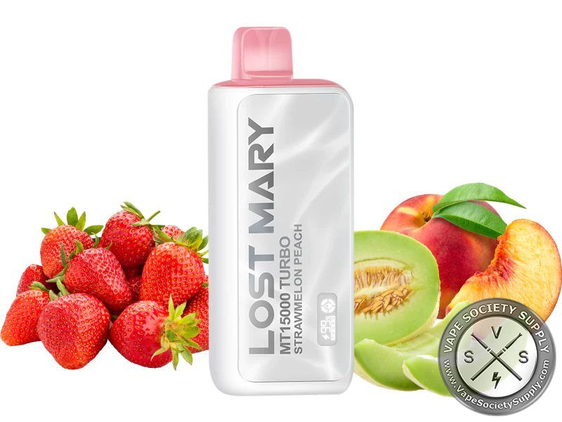 Lost Mary MT15000 Turbo Strawmelon Peach disposable vape in white, next to strawberries, peaches and melon
