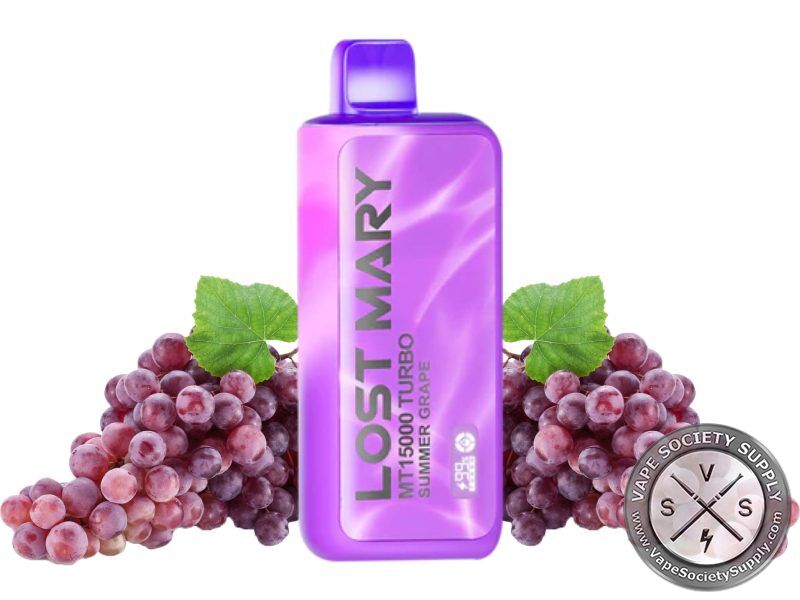 Lost Mary MT15000 Turbo Summer Grape disposable vape in purple, next to bunches of purple grapes