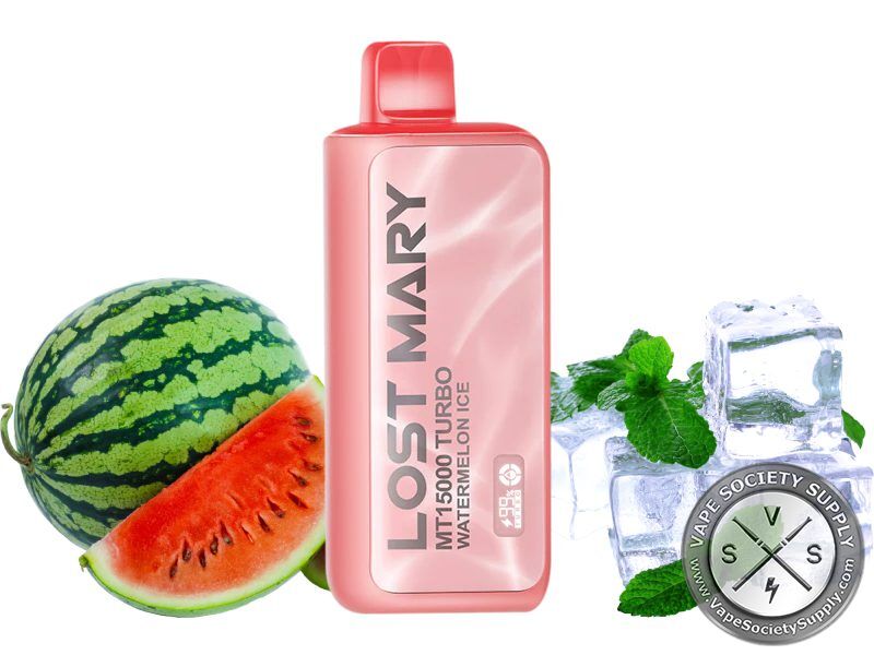 Lost Mary MT15000 Turbo Watermelon Ice disposable vape in coral, next to watermelon, ice cubes and mint leaves