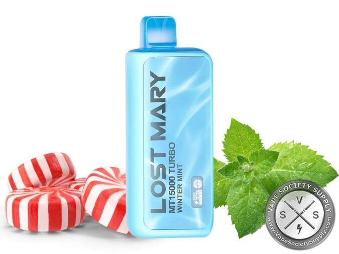 Lost Mary MT15000 Turbo Winter Mint disposable vape in blue, next to peppermint candies and mint leaves
