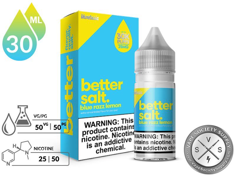 Blue Razz Lemon Better Salt 30ml bottle and box with a 50/50 VG/PG icon and nicotine strength icons