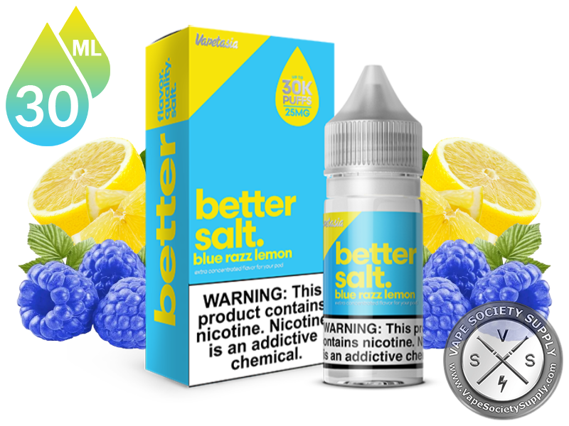 Blue Razz Lemon Better Salt 30ml bottle and box with lemons and blue raspberries
