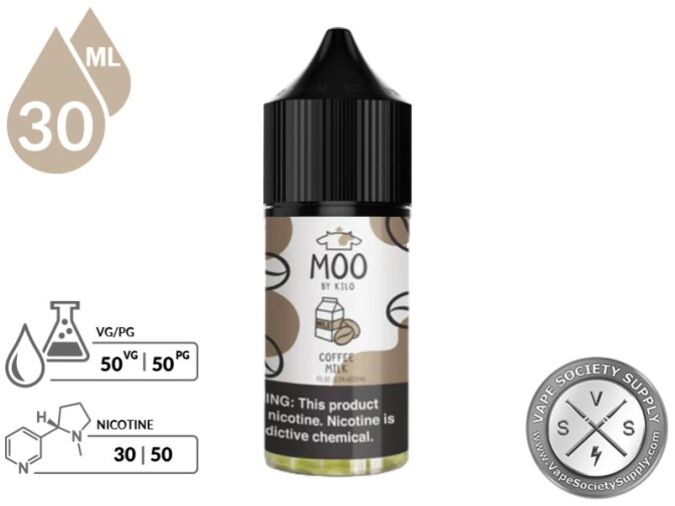 Coffee Milk by MOO Salt 30ml bottle with a 50/50 VG/PG icon and nicotine strength icons