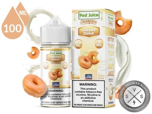 Glazed Donut Pod Juice 100ml bottle and box with glazed donuts and a milk splash