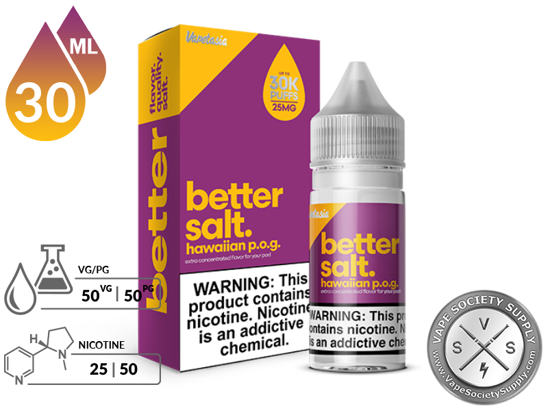 Hawaiian Pog Better Salt 30ml bottle and box with a 50/50 VG/PG icon and nicotine strength icons