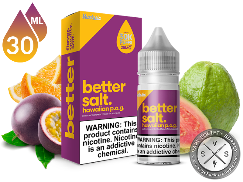 Hawaiian Pog Better Salt 30ml bottle and box with passion fruit, oranges and guava