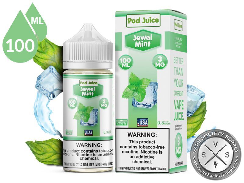 Jewel Mint Pod Juice 100ml bottle and box with mint leaves, ice cubes and a water splash