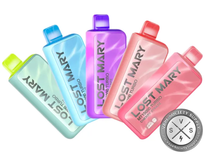 Five Lost Mary MT15000 Turbo disposable vapes fanned out in light green, light blue, purple, coral and pink
