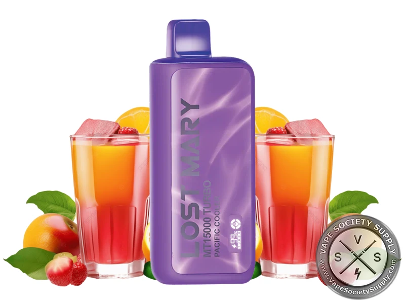 Lost Mary MT15000 Turbo Pacific Cooler disposable vape in purple, next to glasses of orange-red drink and peaches